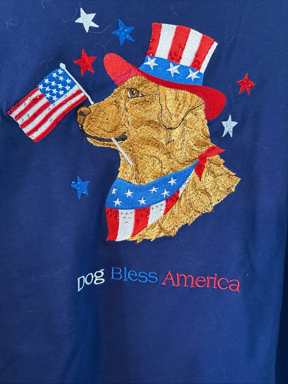 Quacker Factory Navy Patriotic Dog Bless America Embroidered Tee